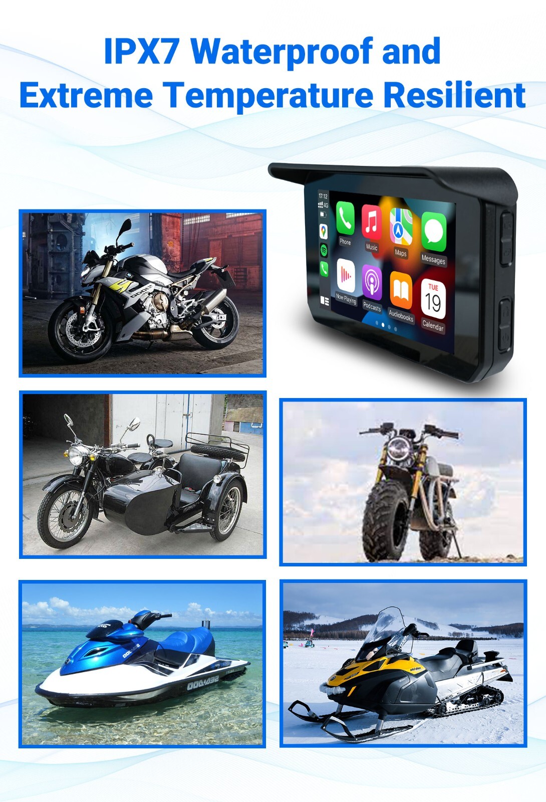 GPS Portable Motorcycle Navigator Wireless CarPlay Waterproof 5″IPS Touch Screen