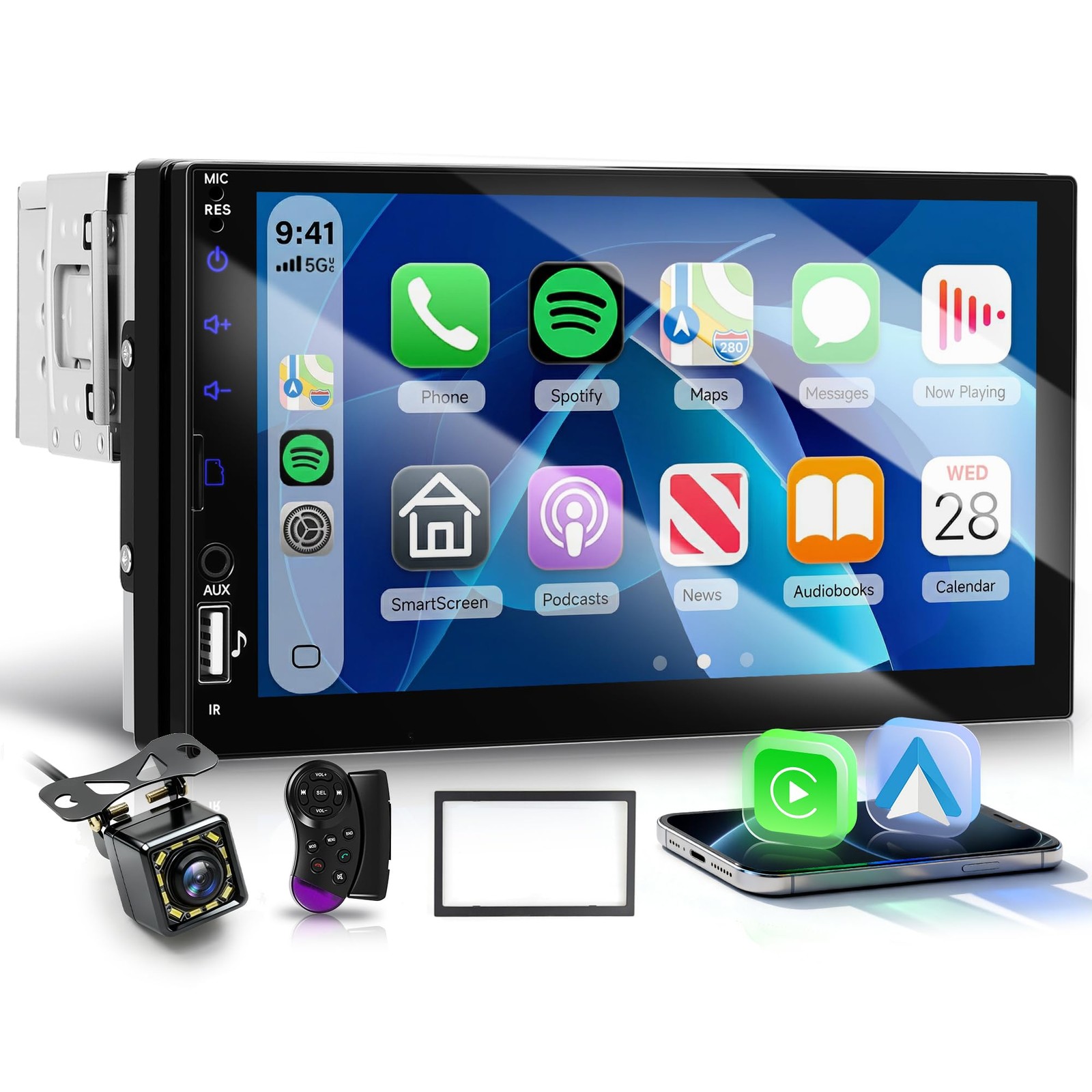 Single Din Car Stereo with Wireless Carplay Android Auto, 7 Inch Touch Black