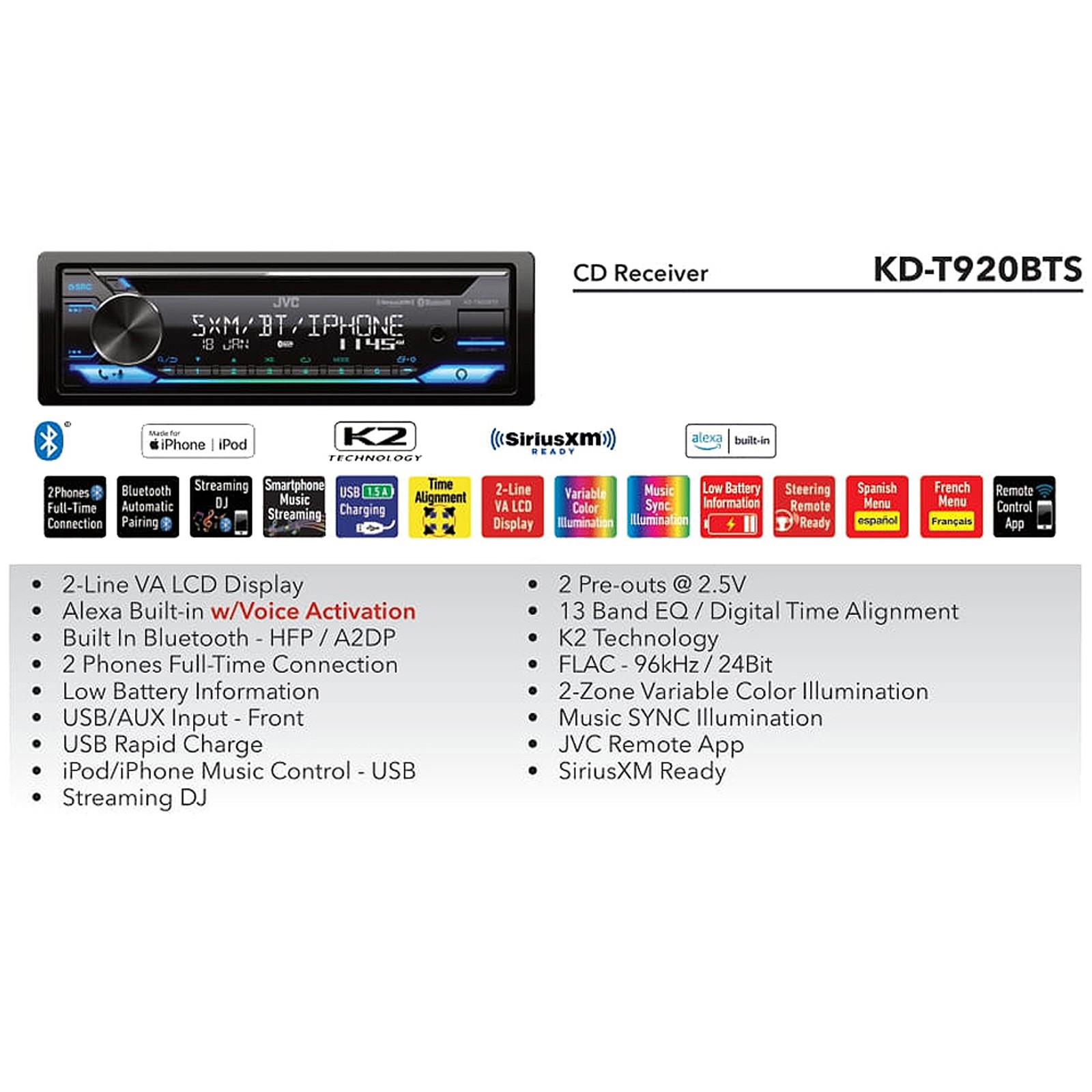 JVC KD-T920BTS Single DIN AM/FM Radio USB Bluetooth CD Player Car Receiver