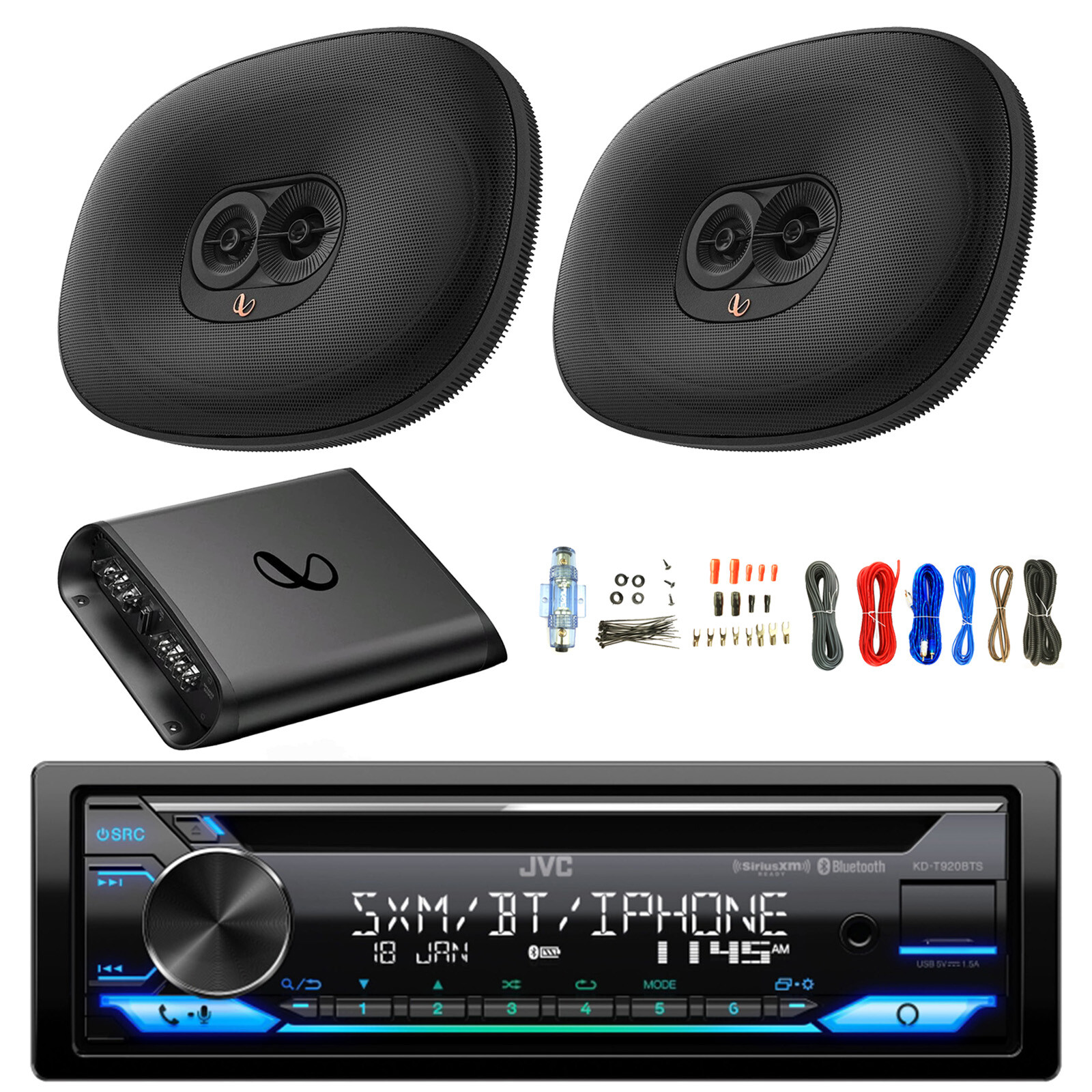 JVC Single DIN Bluetooth AM/FM CD Receiver, Amp w/Kit, 2x 6×9″ 180W Speakers