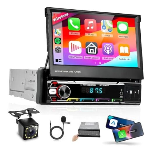 Wireless CarPlay Single Din Car Stereo,5.1 Bluetooth Car Radio AM/FM/RDS,7