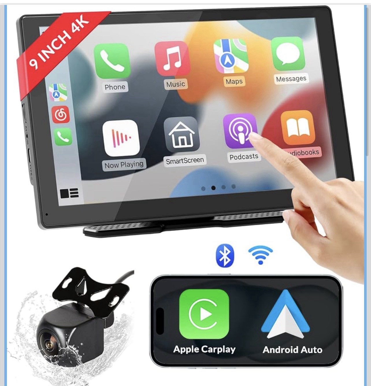 Wireless Carplay Screen for Car, 9″ HD Portable Car Stereo Touch Screen