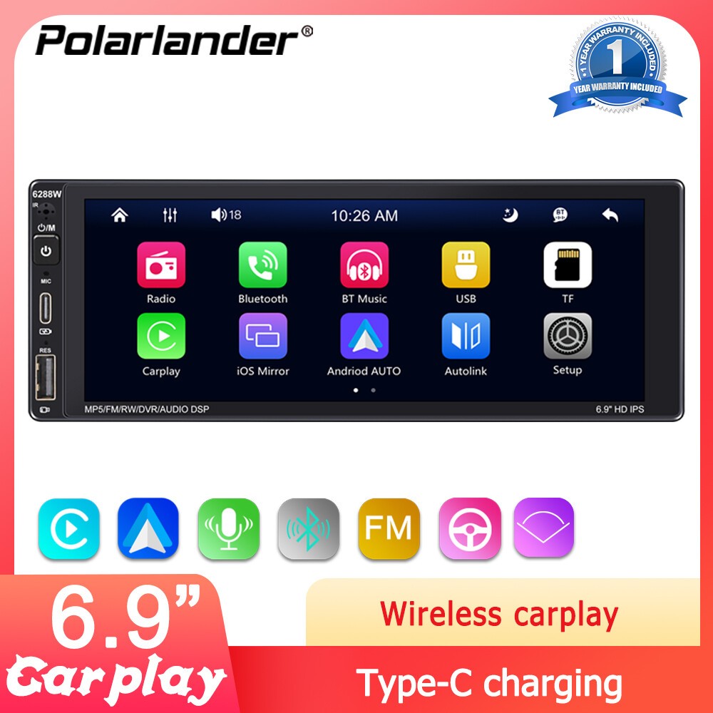 1 Din 6.9″ Car Radio Touch Screen Type-C Charging Wireless Carplay Android BT AM