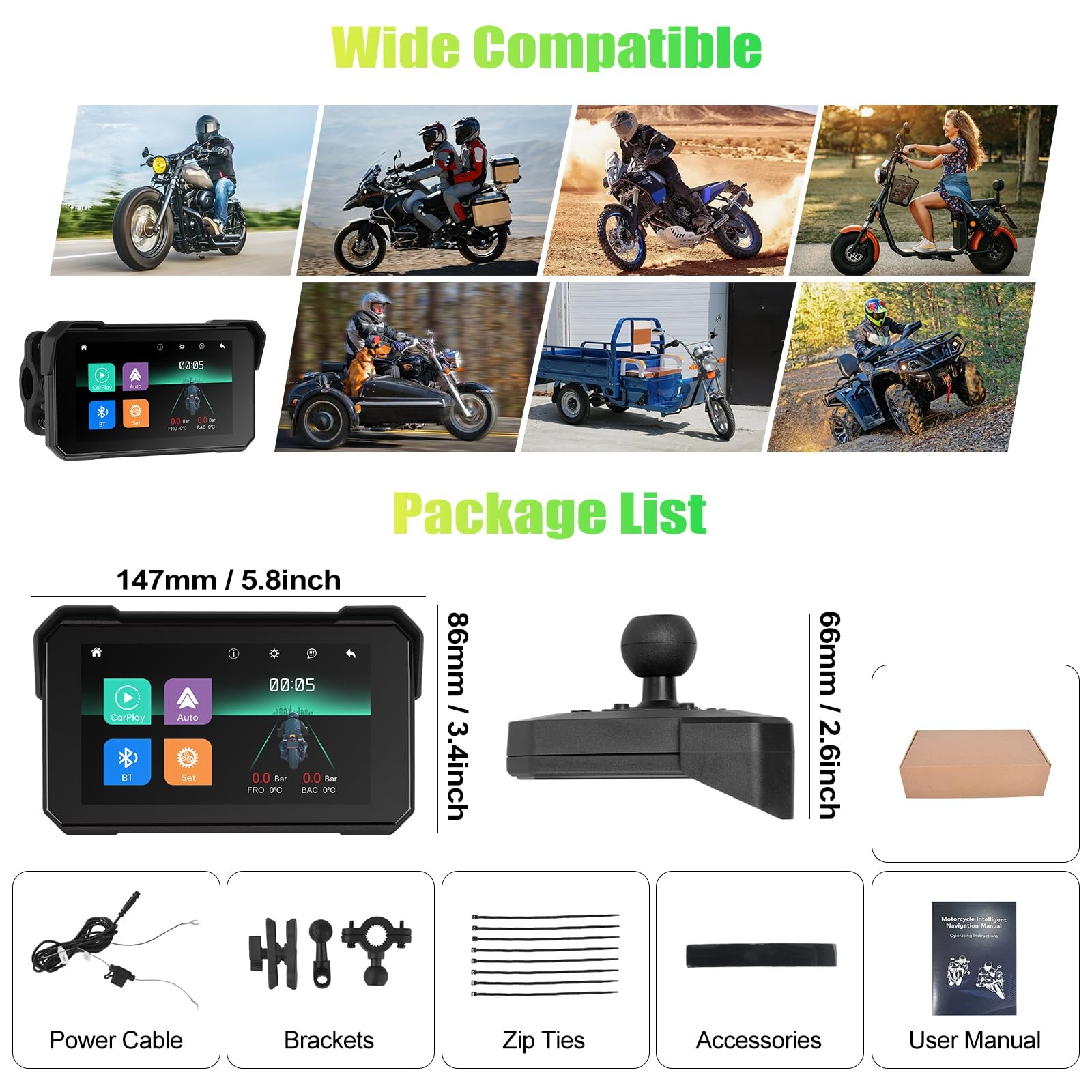 CAMECHO Wireless Motorcycle CarPlay & Android Auto 5 inch Touch Screen