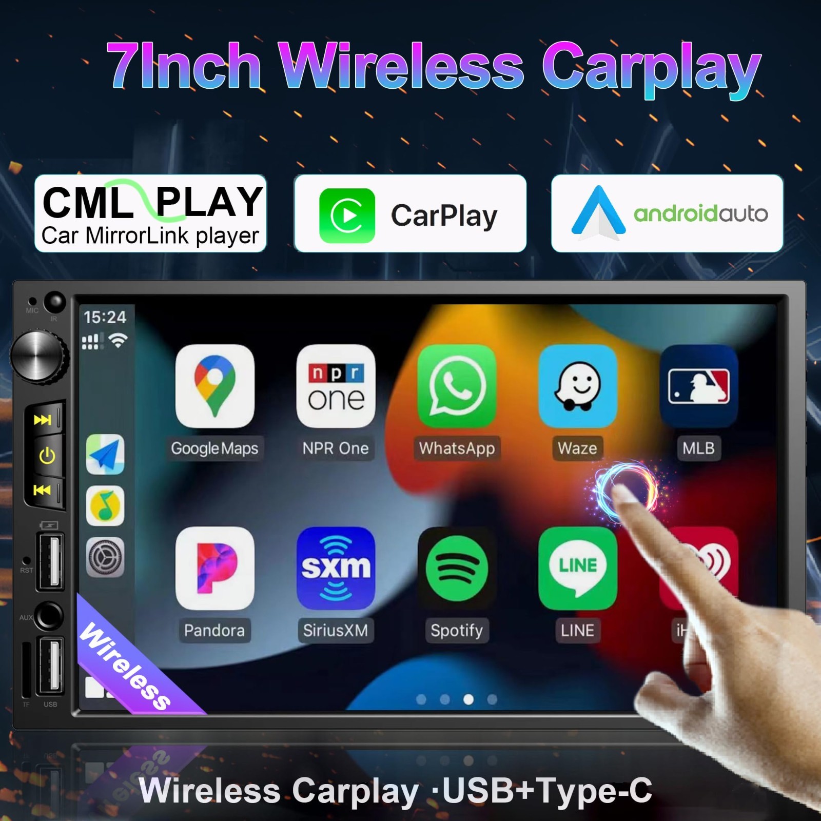 7″ Double Din Car Stereo – Wireless Apple CarPlay, Android Auto, Bluetooth 5.2,