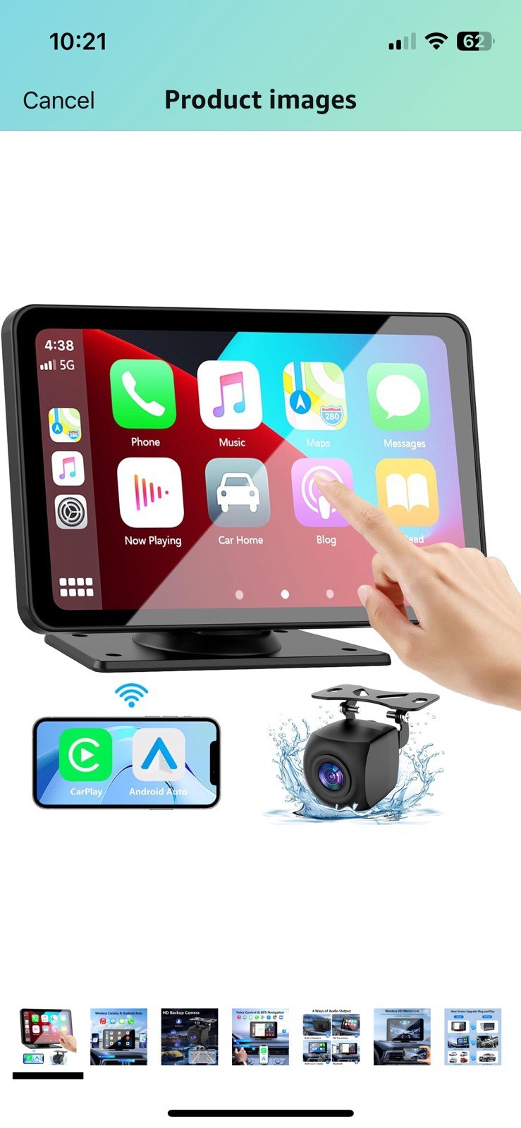 Portable Wireless Apple CarPlay and Android Auto 7″ IPS Touch Screen for Car