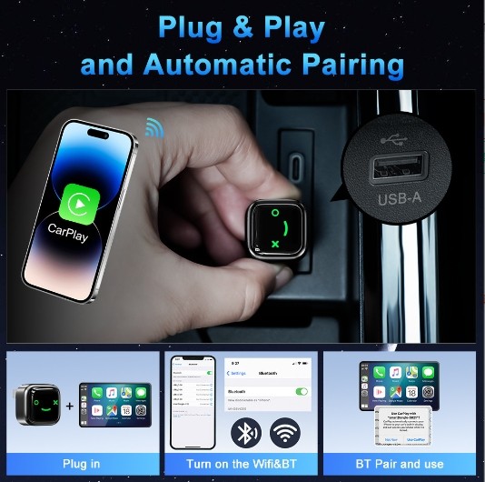 Wireless CarPlay Adapter for Apple iPhone & Android Auto USB Adapter Plug & Play