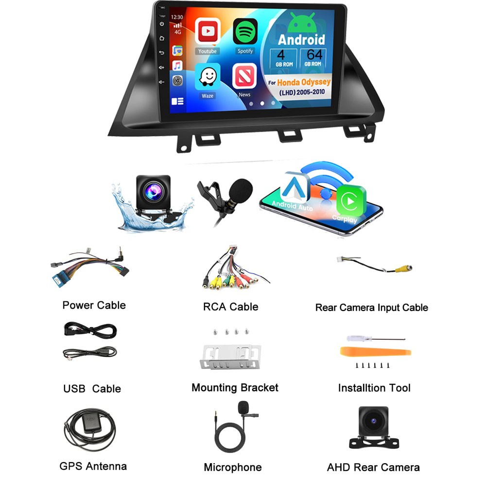 4Core 4G+64G CarPlay Stereo Radio Navi GPS 9″Screen For Honda Odyssey 2005-2010