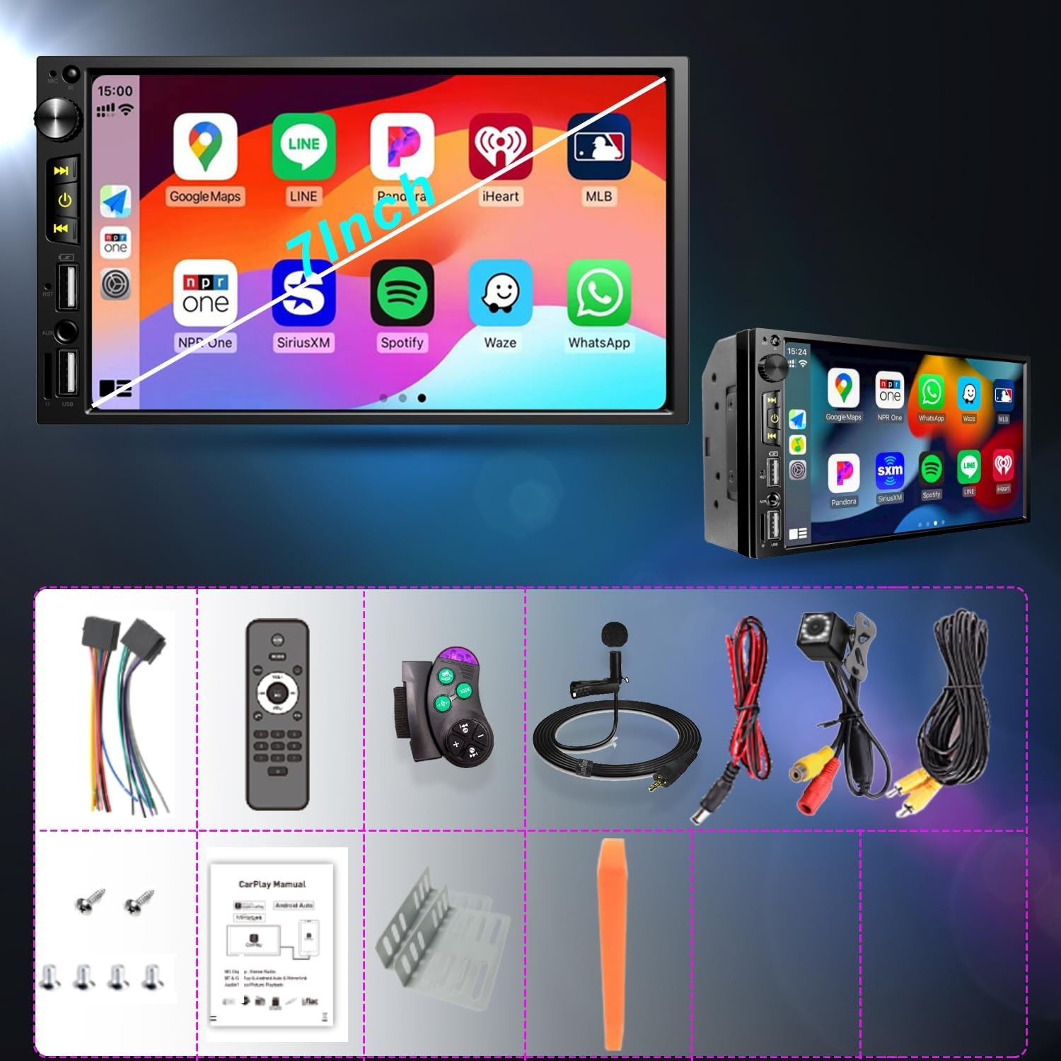 7″ Double Din Car Stereo – Wireless Apple CarPlay, Android Auto, Bluetooth 5.2,