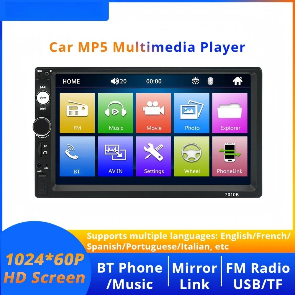 2Din for Mobile phone 7” Car MP5 Multimedia Player Rearview Camera BT FM TF USB