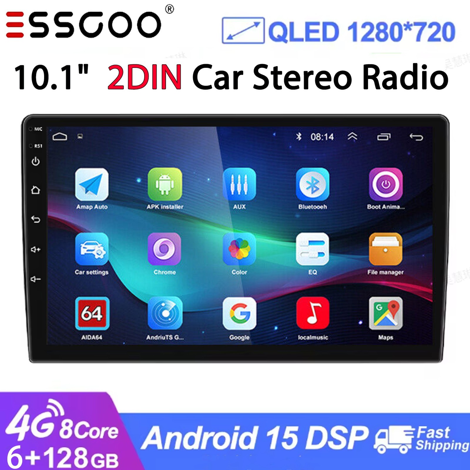 10.1″ 2 DIN 6+128GB Car Stereo Wireless CarPlay Android 15 Radio GPS QLED WIFI