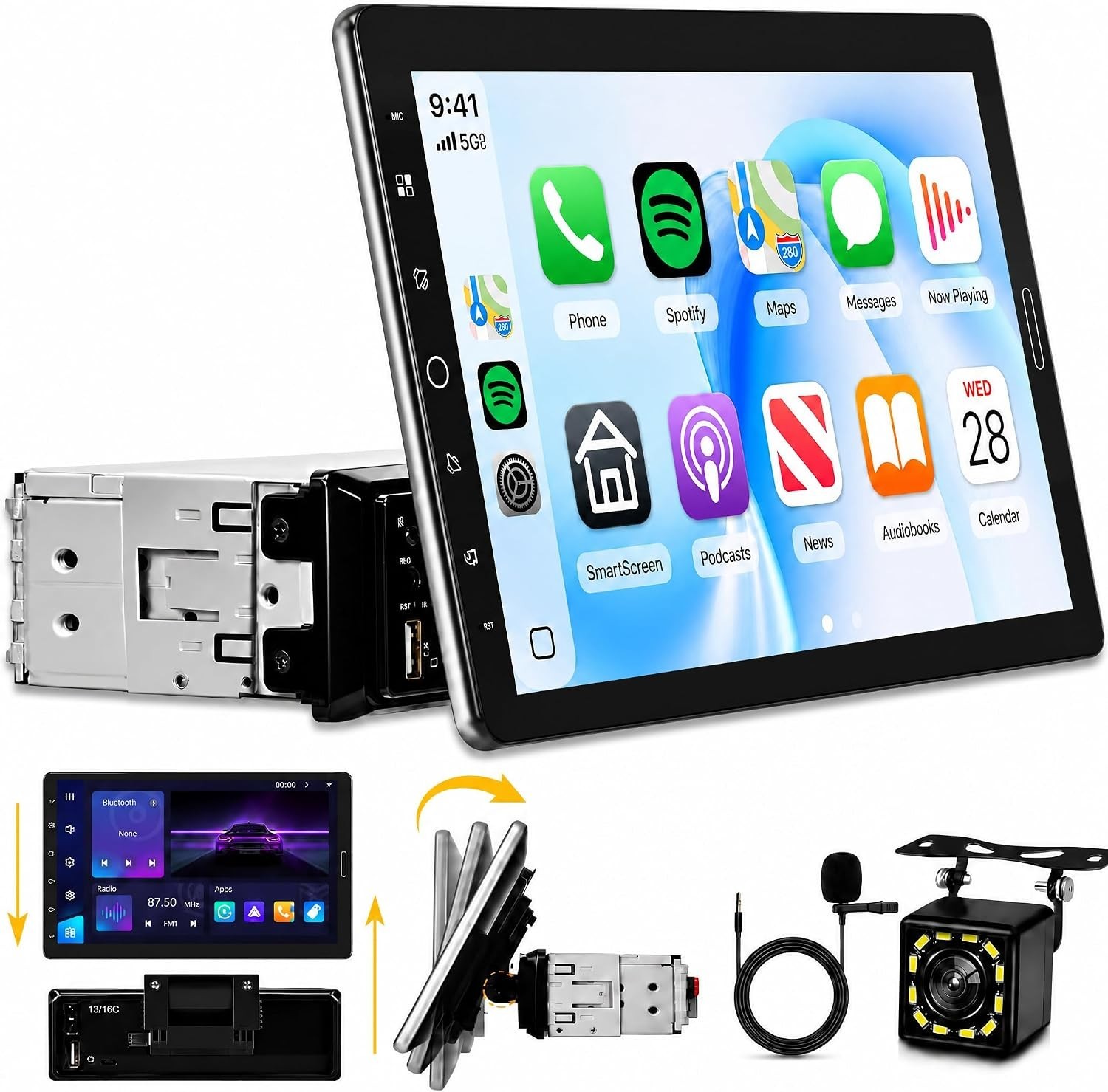10.1 inch Single Din Car Stereo with FM/RDS Wireless Carplay Android Auto Bac…