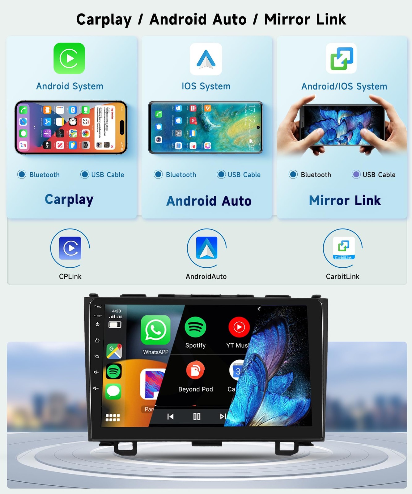 9″ Touchscreen Wireless Carplay Android Auto Stereo for 2007-2011 Honda CRV