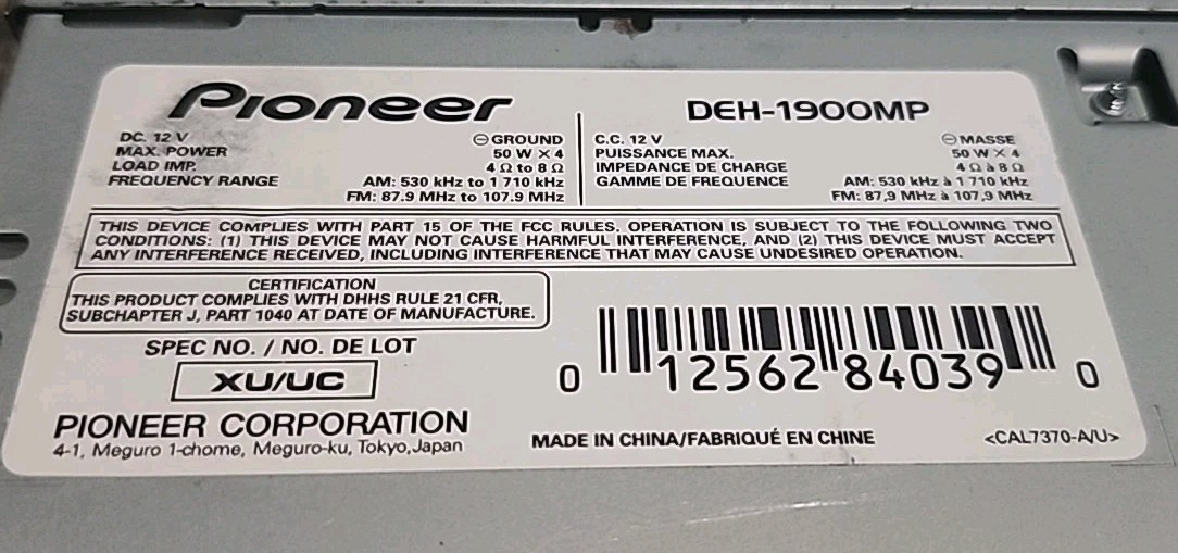 Pioneer DEH-1900MP, CD/MP3, 200 watts (UNTESTED)