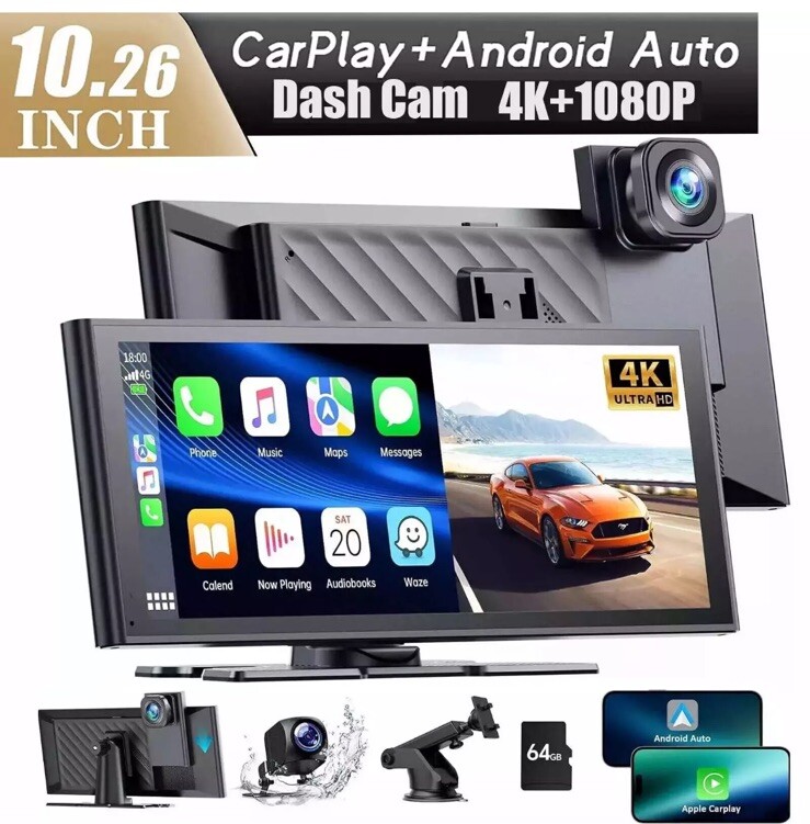4K Dash Cam 10.26″Car Stereo Radio Wireless Apple Carplay &Android Auto+Rear Cam