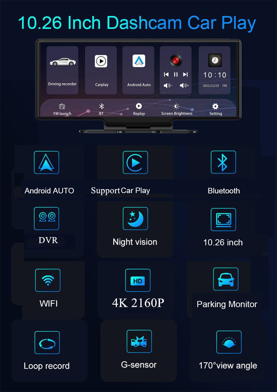 Car Dash Cam WIFI Recorder Touch Screen G-Sensor For Carplay Android Auto