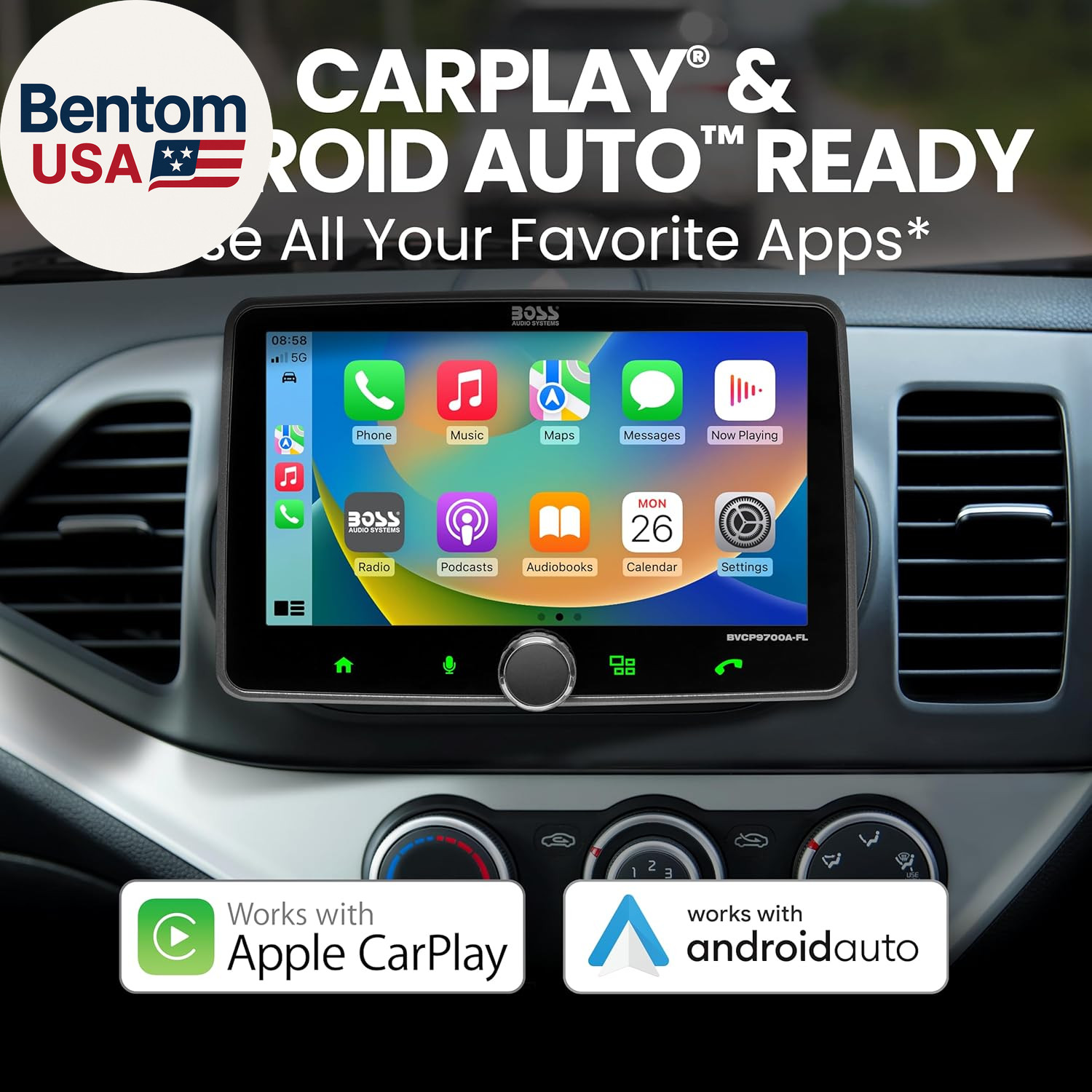 BVCP9700A-FL Single DIN Car Stereo Wireless Apple Carplay, Android Auto, 7 Inch