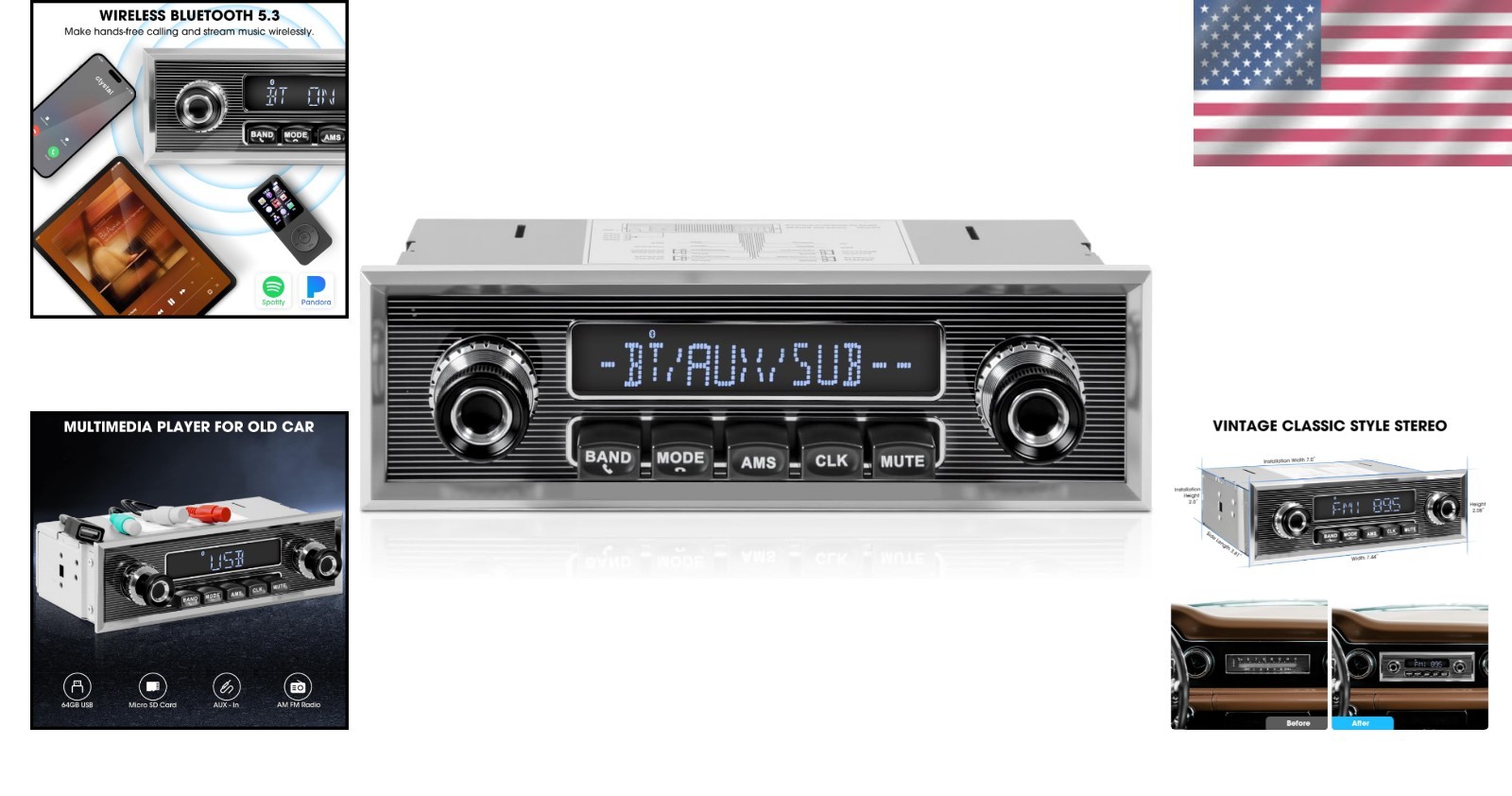 Car Radio Bluetooth 5.3 4 Channel 300W Power Vintage Single Din FM USB AUX