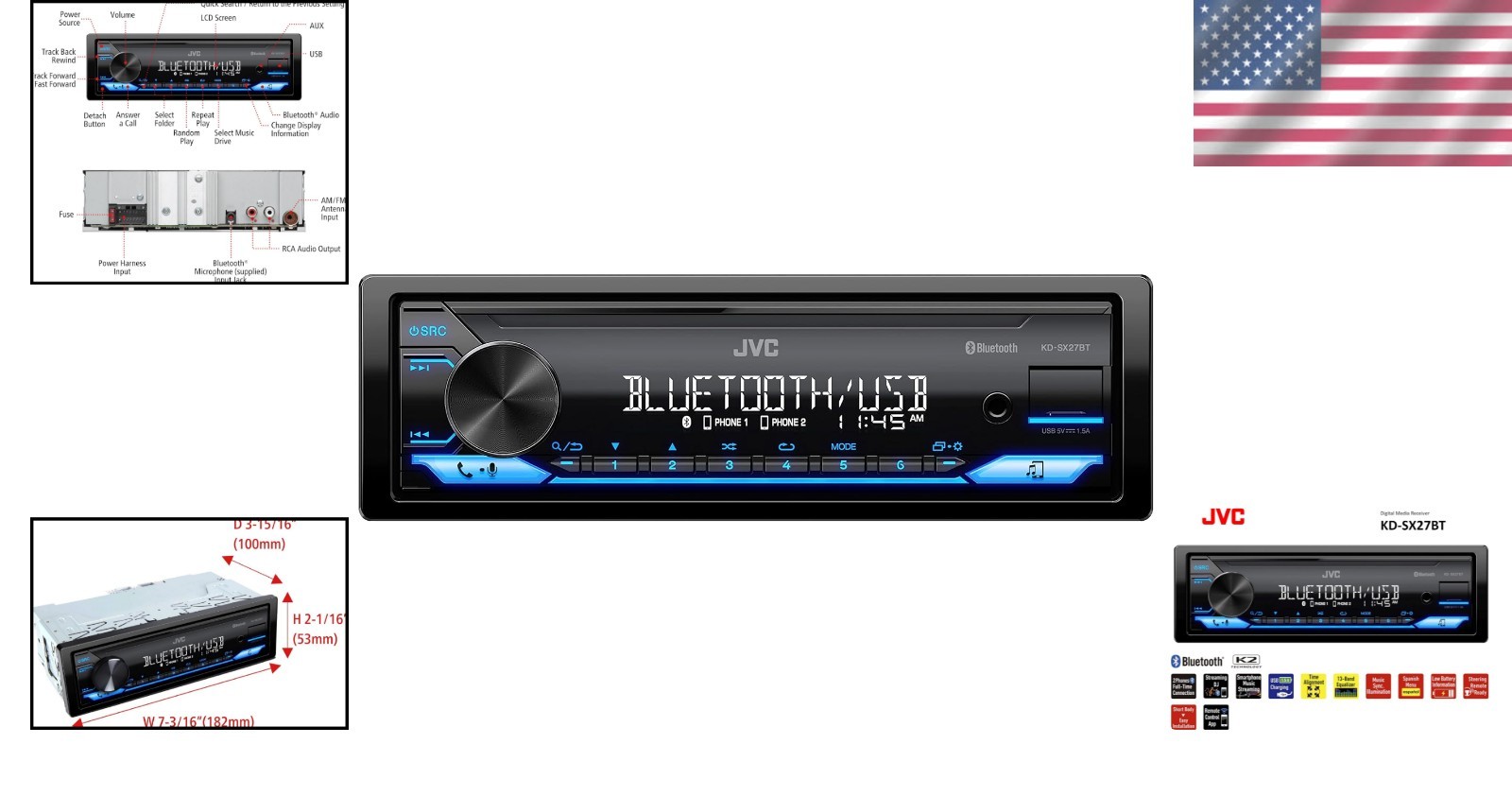 KD-SX27BT Bluetooth Car Stereo – 100W Digital Media Receiver with USB Charging