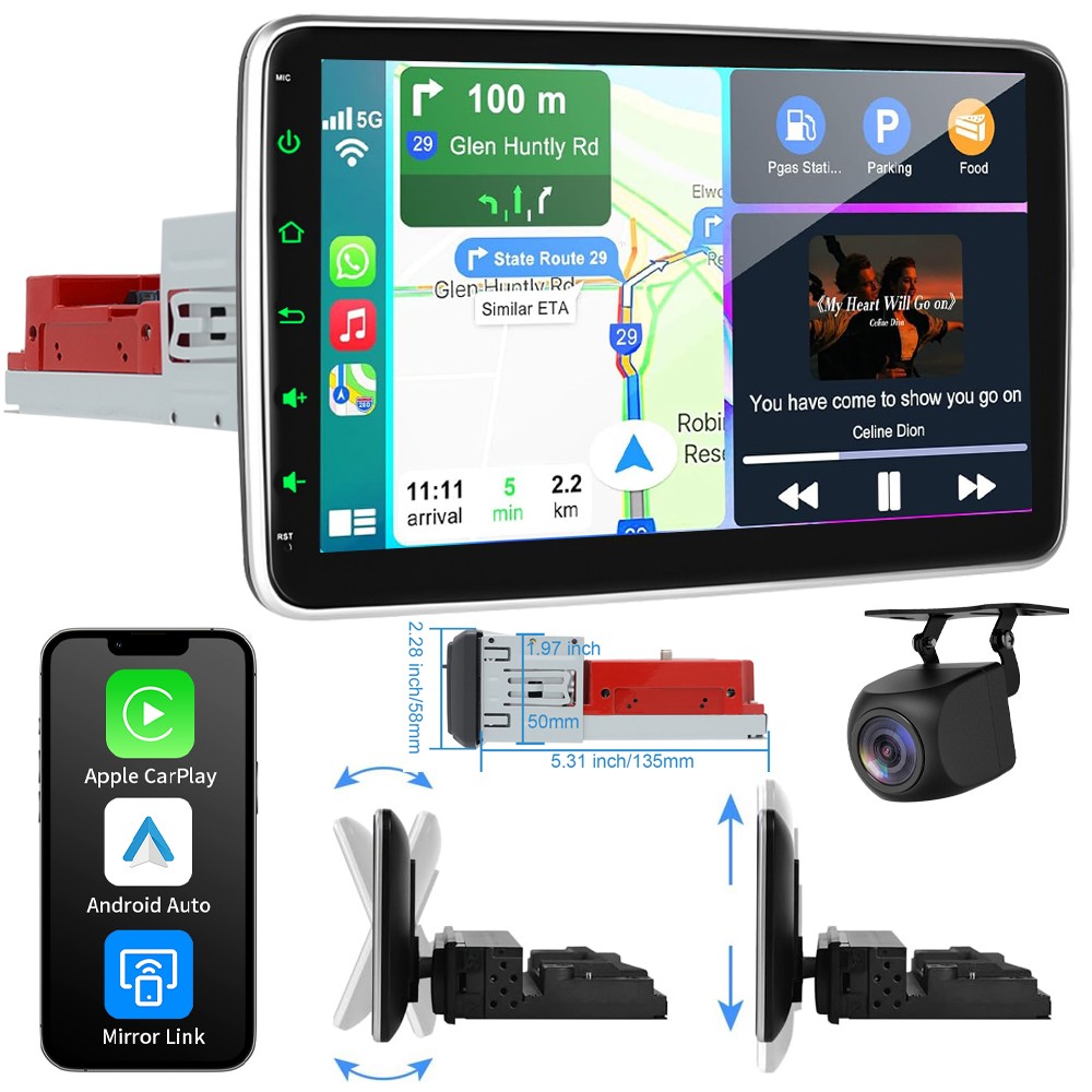 10″ Single DIN Wireless Apple CarPlay GPS Car Stereo Rotatable TouchScreen Radio