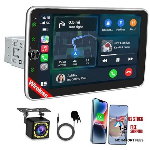 10.1 Inch Single DIN Car Stereo with Wireless CarPlay, Bluetooth 5.2, 720×1280
