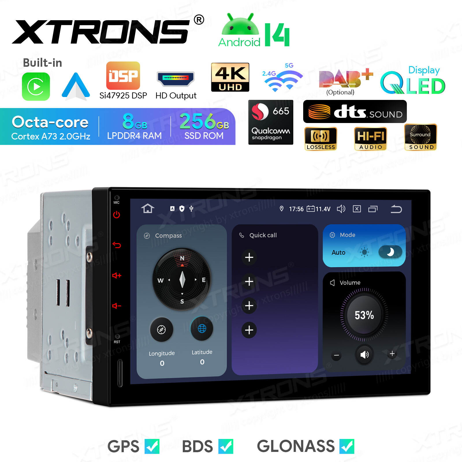 2 DIN Android 14 CarPlay Head Unit 8GB 256GB GPS DTS Sound 7″ Touchscreen WIFI