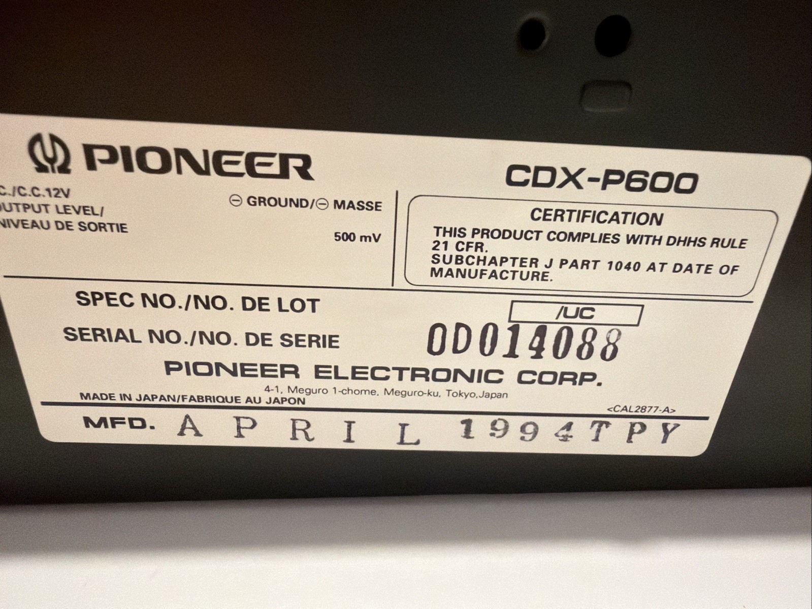 Pioneer Six Disc Multiplayer CDX-P600 Vintage 1994 Car Audio