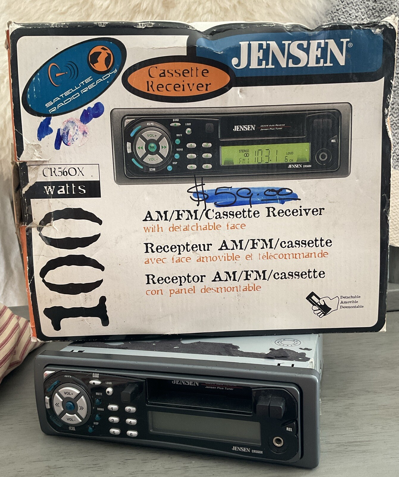 Jensen CR56OX AM/FM Radio Car Cassette Tape Receiver W/ Detachable Face 100 Watt