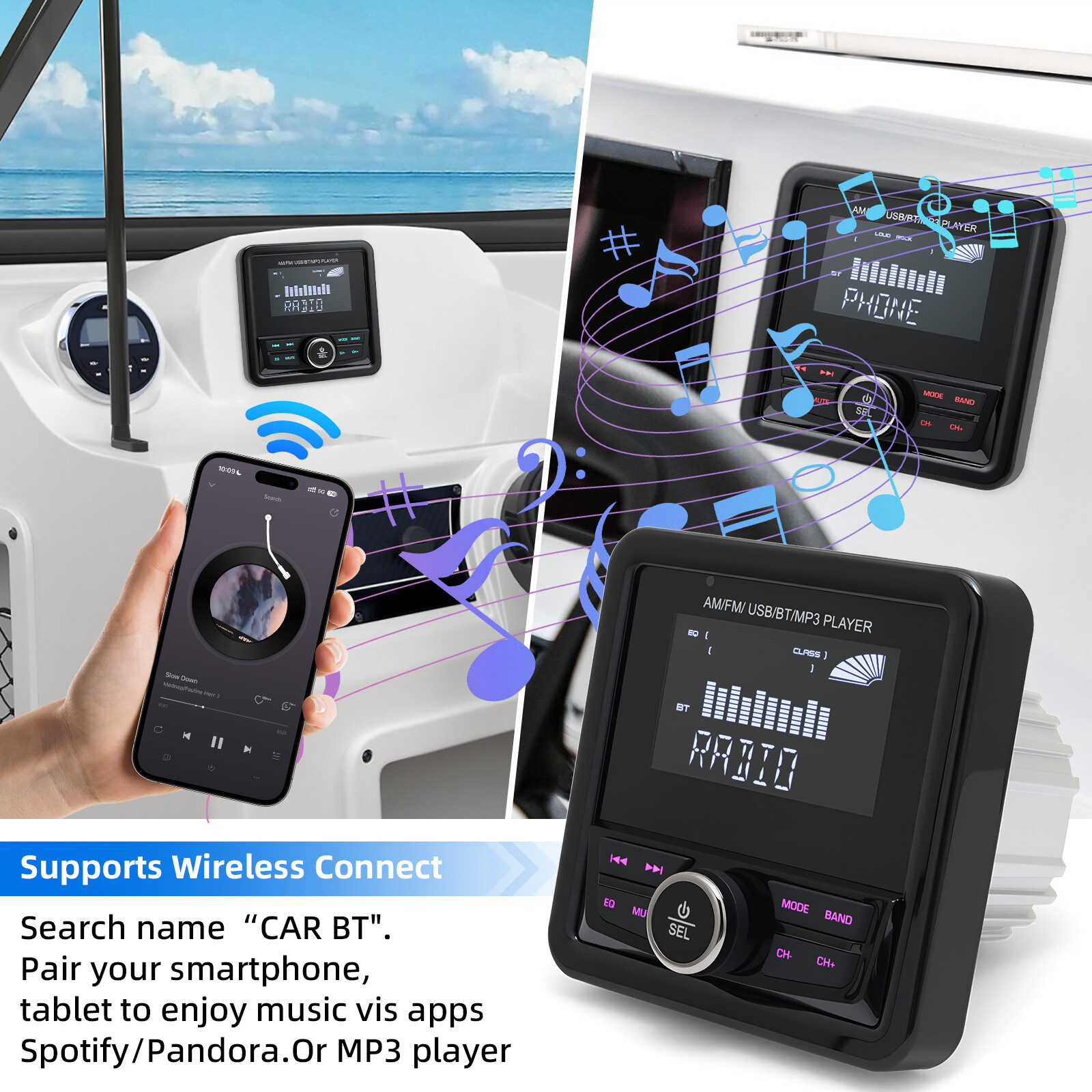 Marine Digital Media Receiver Bluetooth Waterproof LCD Display Boat Radio System