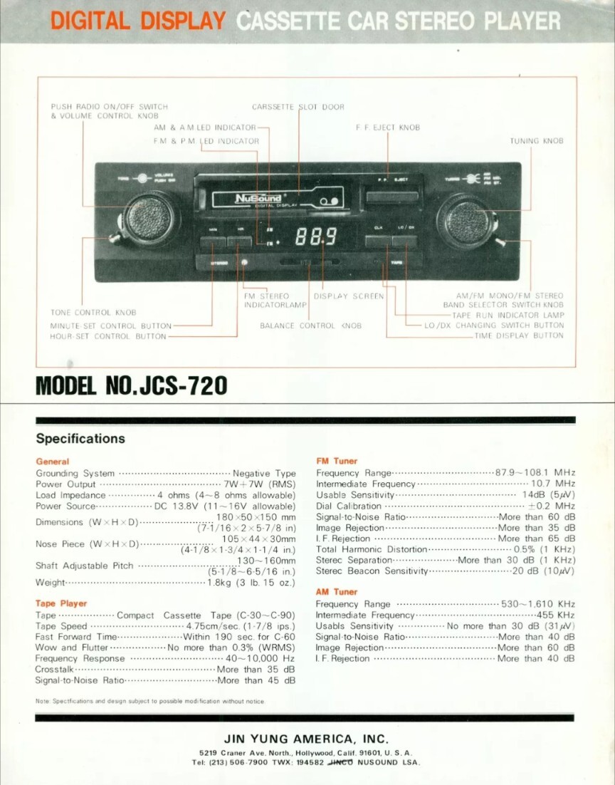 Old School 70s NuSound Car Stereo JCS720 Cassette Audio Deck Vintage Radio Clean