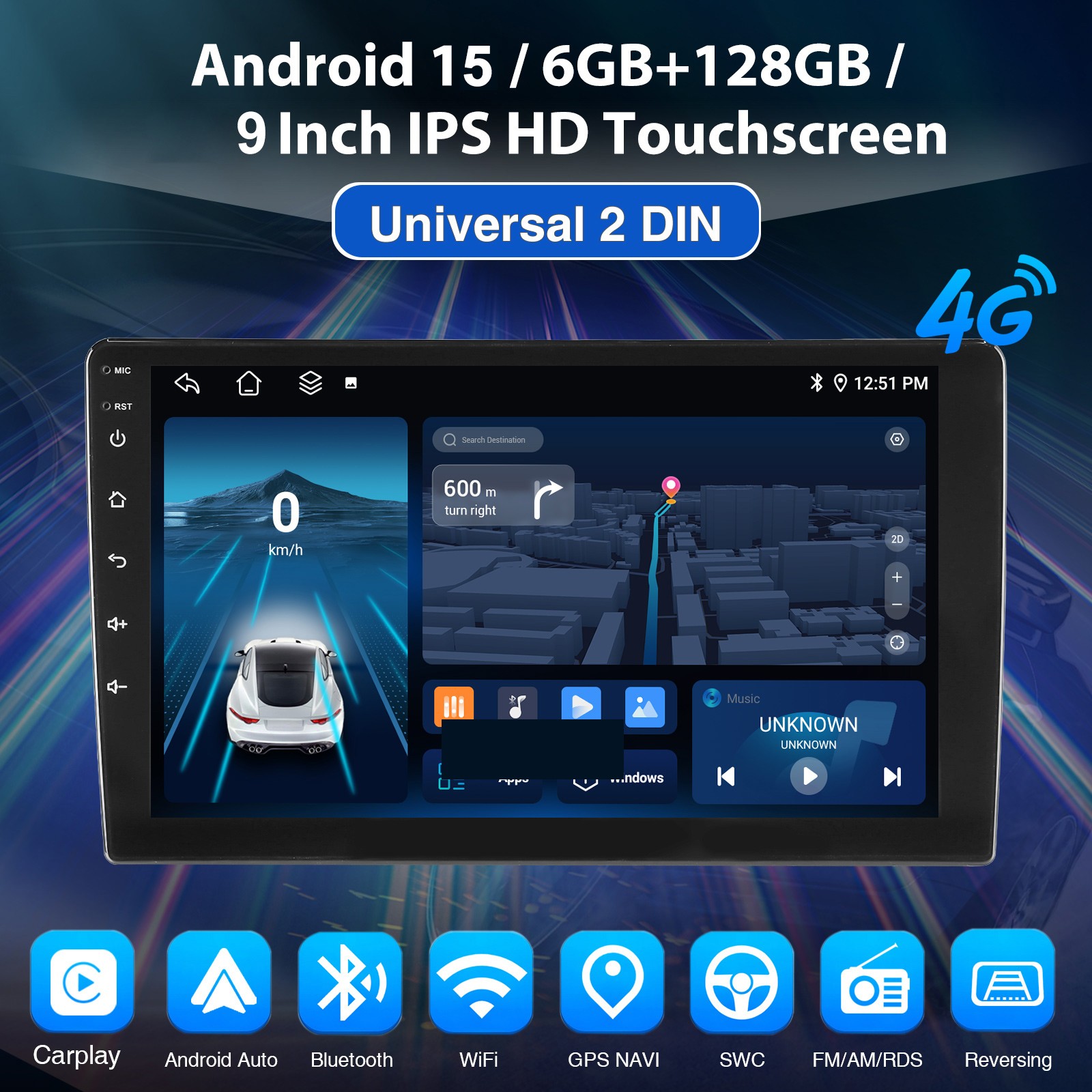 6+128GB QLED 9″ 2DIN Car Stereo Radio Carplay Android 15 8 Core GPS WIFI 4G LTE