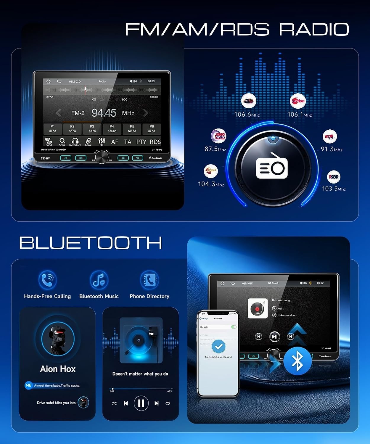 Single DIN Car Stereo 7″ Swivel Touchscreen Wireless CarPlay Android Auto Blueto