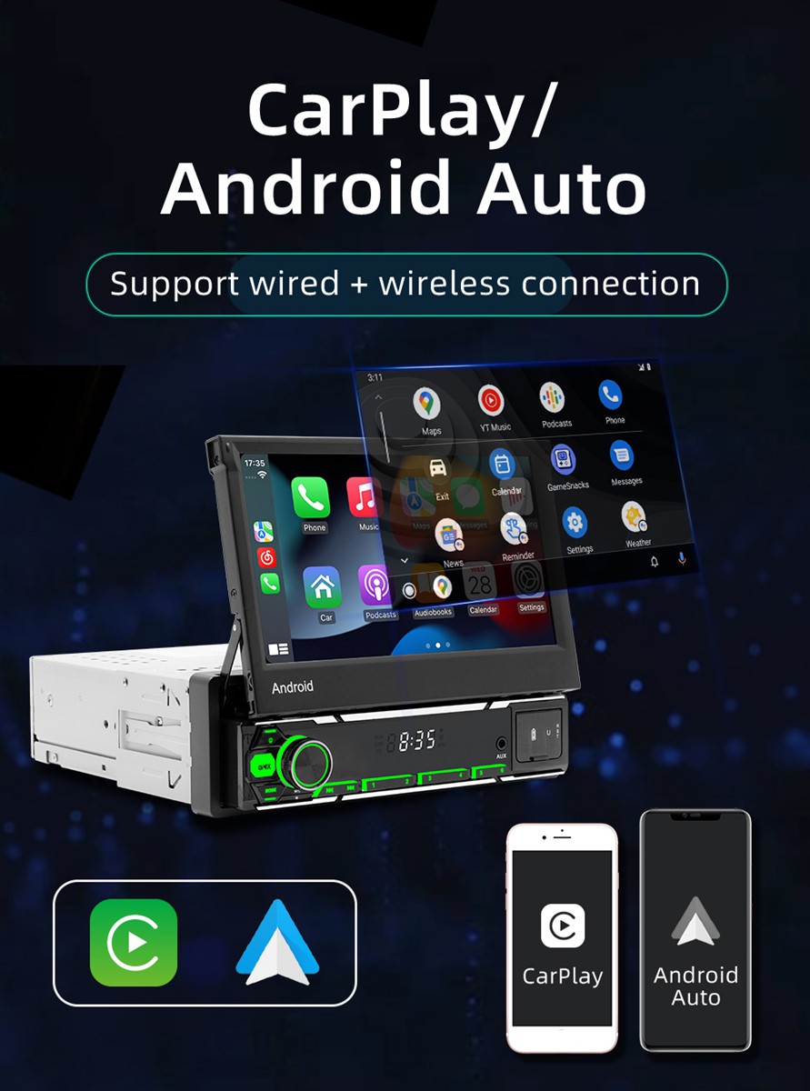7” Single Din Android 15 Retractable Screen Car Stereo Radio GPS WIFI Carplay