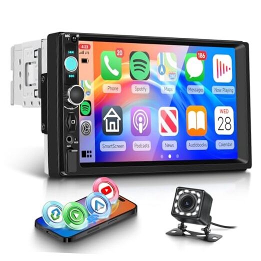 Single Din Car Stereo with Wireless Carplay Android Auto You-Tube, 7″ 7 Inch 2
