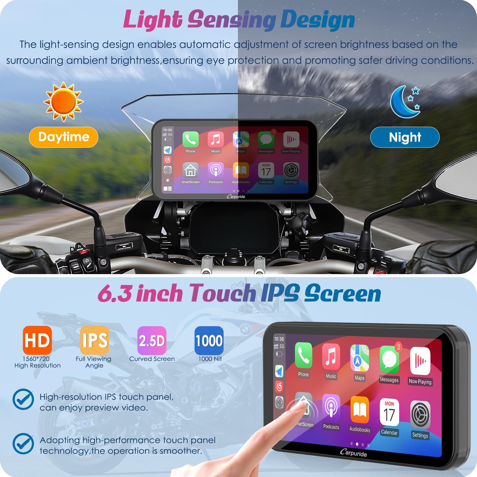 Carpuride W603B Motorcycle Carplay Screen for BMW R1200GS R1250GS S1000XR Mot…