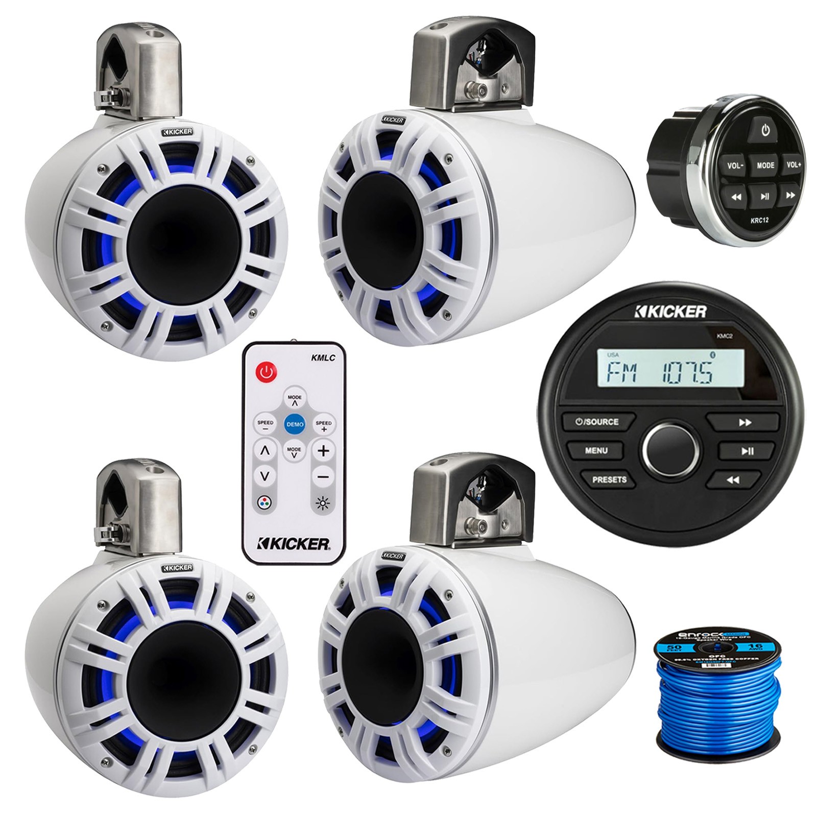 Kicker Marine Receiver w/Remote, 4x 6.5″ 300W LED HLCD Speakers, Remote, Wire