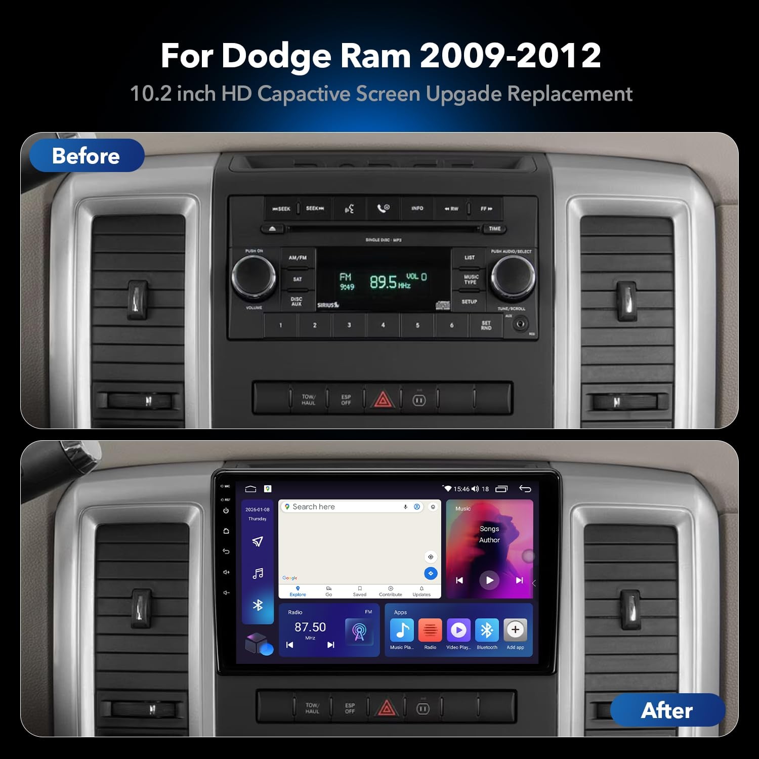 10.2″ Android 13 Car Radio Stereo for 2009-2012 Dodge Ram 1500/2500/3500