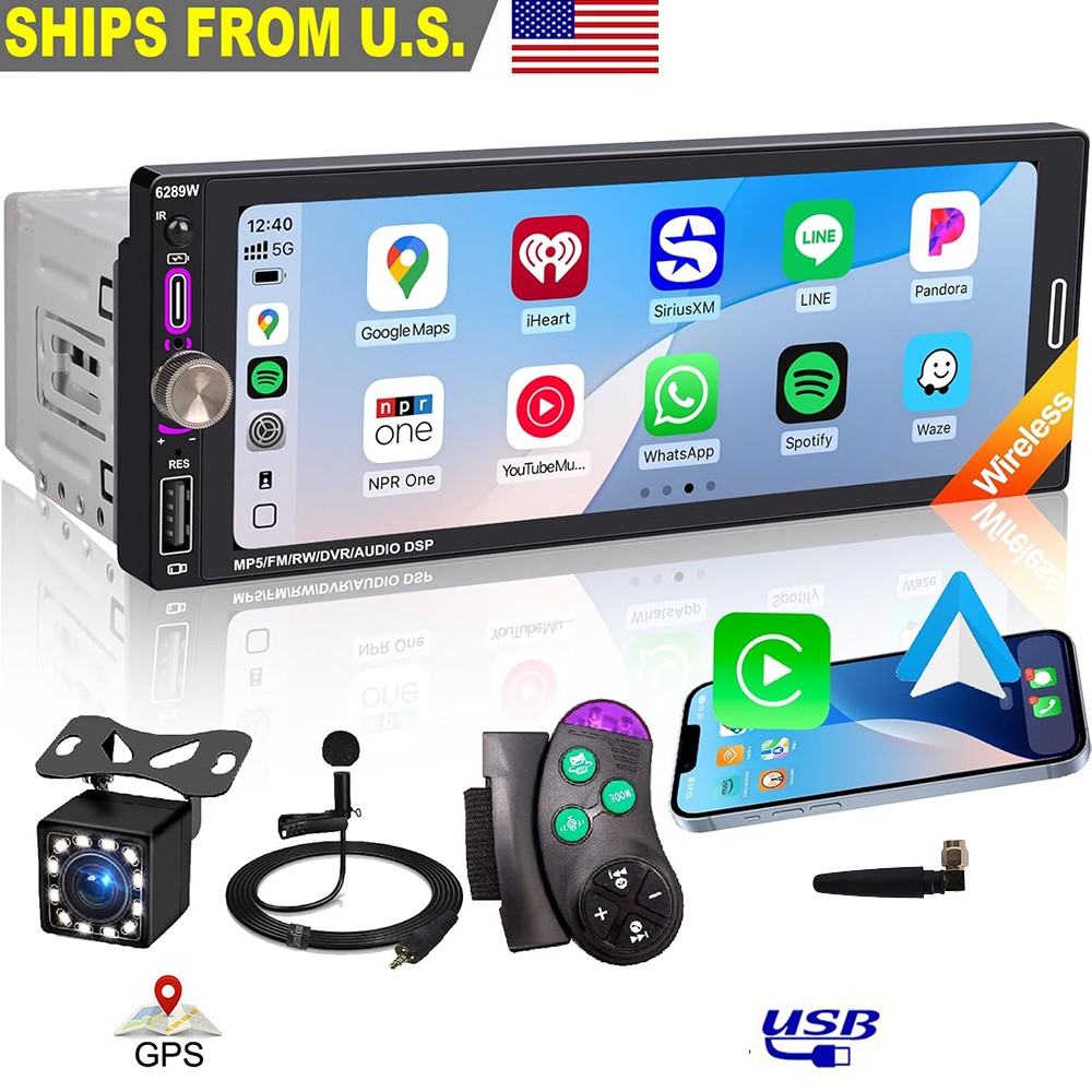 Single 1 Din Android 13 Carplay Car Stereo Radio GPS WIFI BT Touch Screen 6.9″