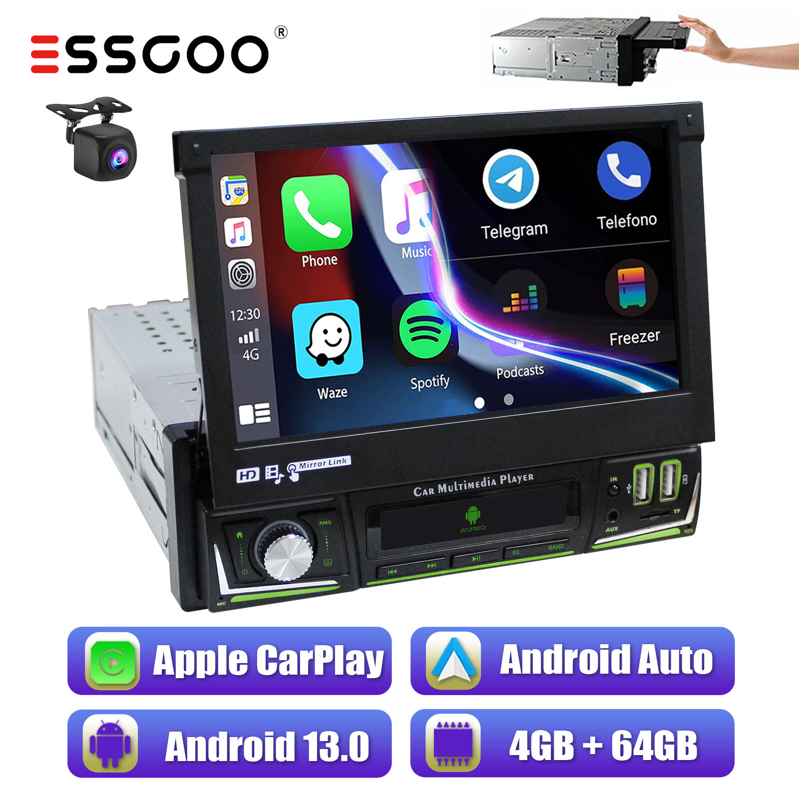 4+64G 1 DIN 7″ Flip Out Android 13 Carplay Car Stereo Radio GPS Navi WIFI FM Cam