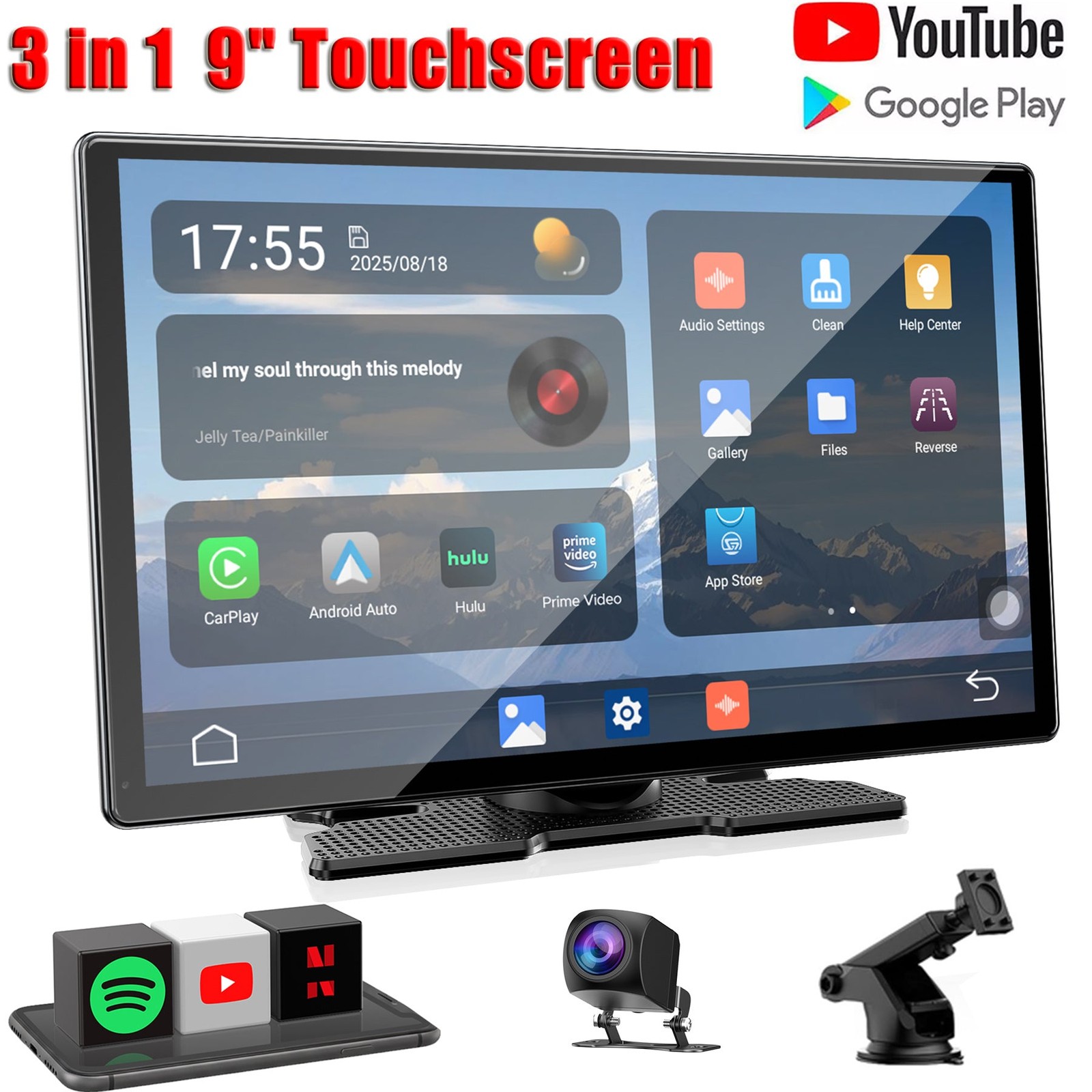 3-in-1 9’Carplay Screen Wireless AI Video BOX With Net-Flix YouTube+Reverse Cam