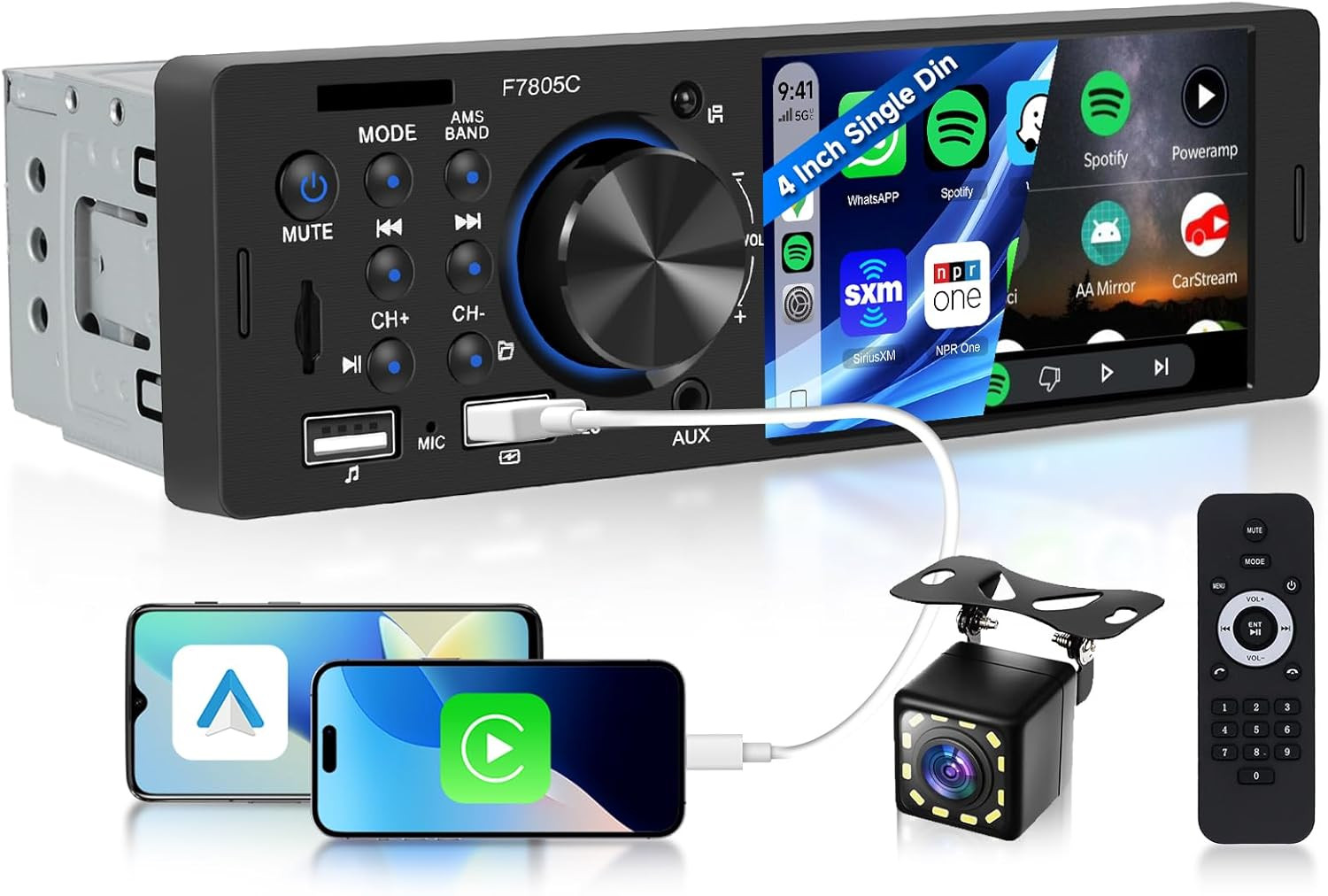 Car Stereo Single Din with Apple Carplay, Android Auto, 4-Inch IPS Touch Screen