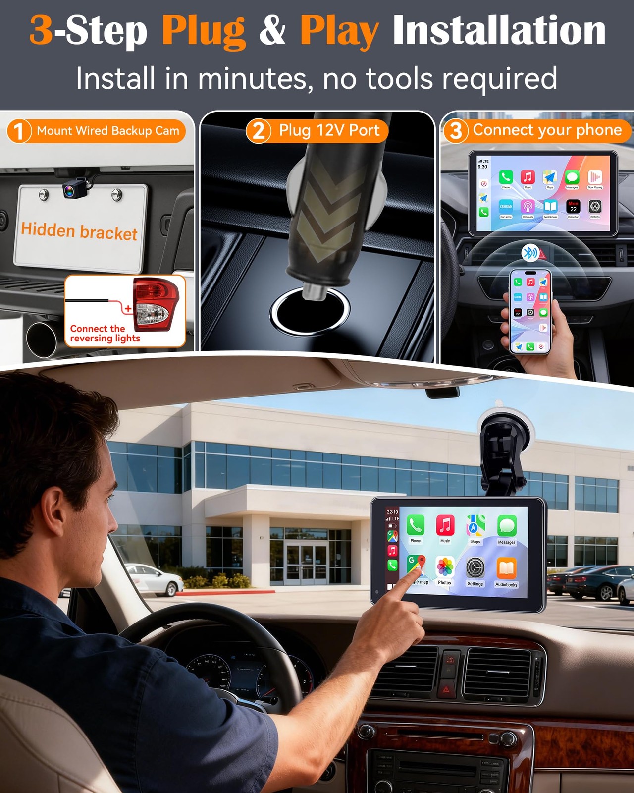 Portable Carplay Screen with Backup Camera – Plug-Play 7-inch HD 1080P Car To…