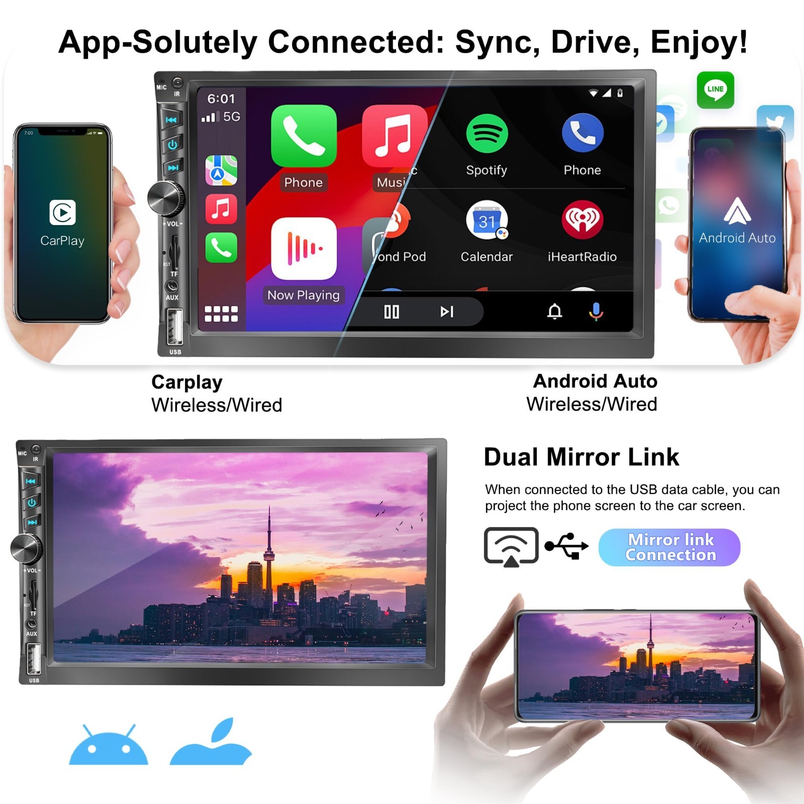 7″ Double Din Car Stereo – Apple CarPlay, Android Auto, Bluetooth 5.2, Touchscre