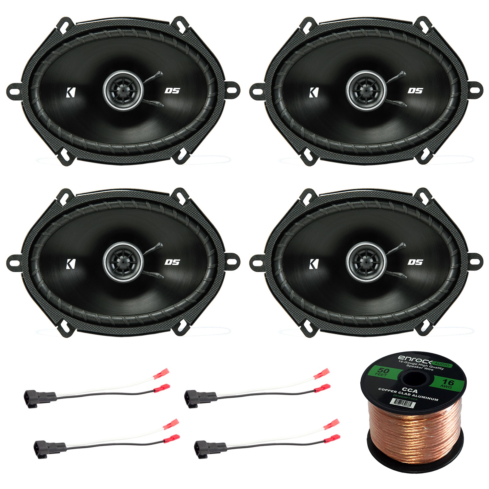 4x Kicker D-Series 6×8″ 200 Watt Speakers, 4X Enrock Harness Adapter, 50Ft Wire