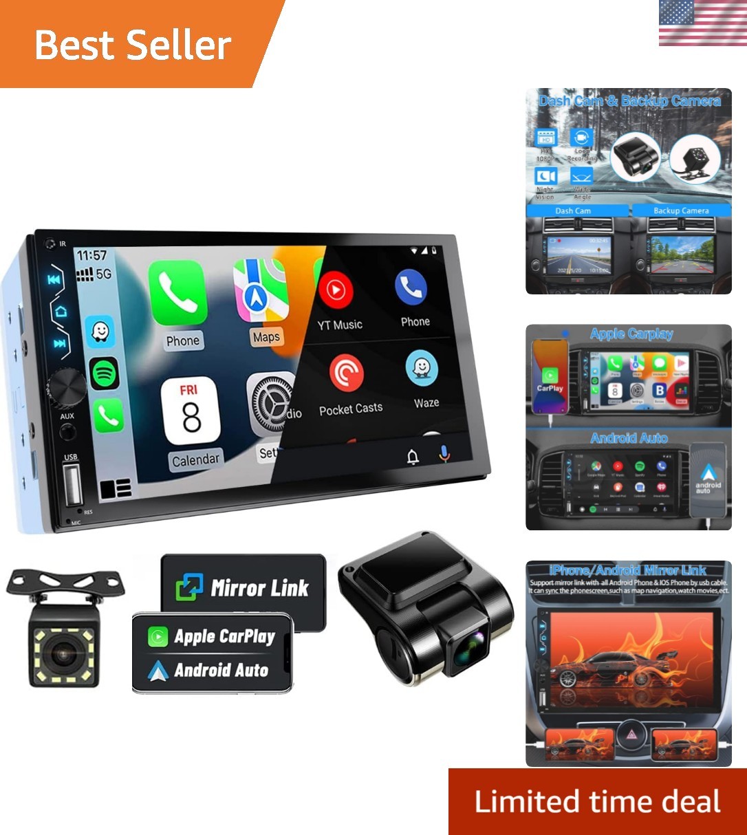 Smart 7-Inch Car Stereo with Voice Control, Dash Cam & Carplay Integration