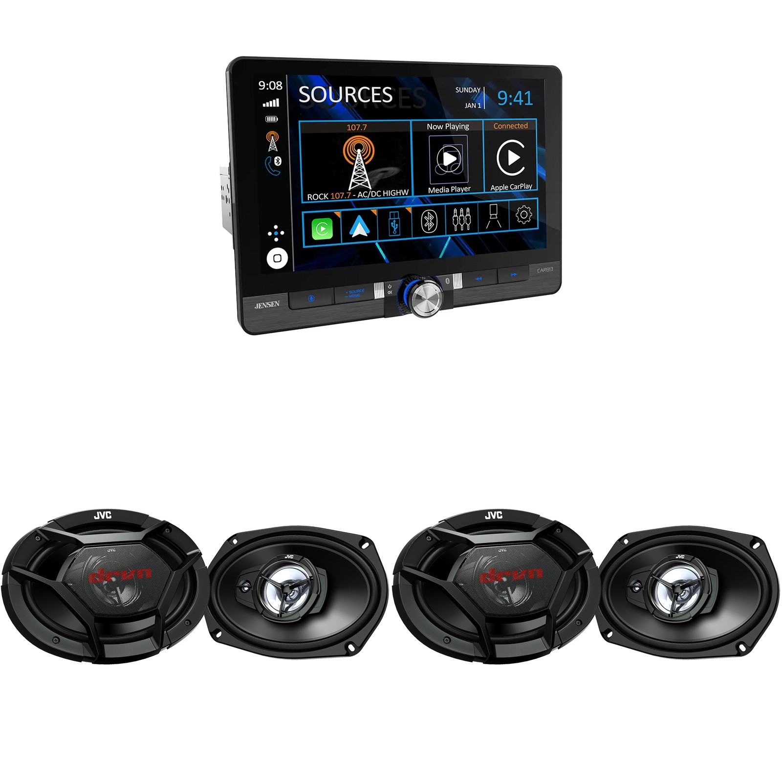 Jensen CAR813 8″ Touch Screen Multimedia Receiver + JVC CS-DR6931 6×9 Speakers