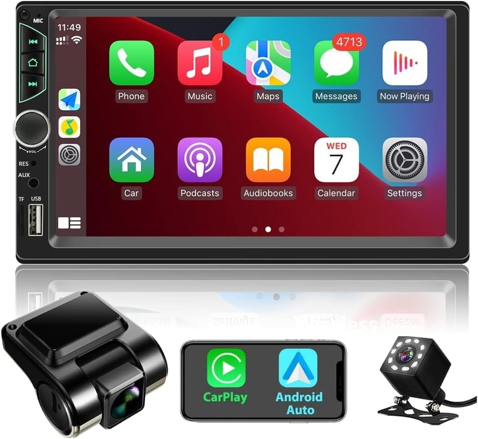 Double Din Car Stereo with Dash Cam,Compatible with Apple Carplay,Android Aut…