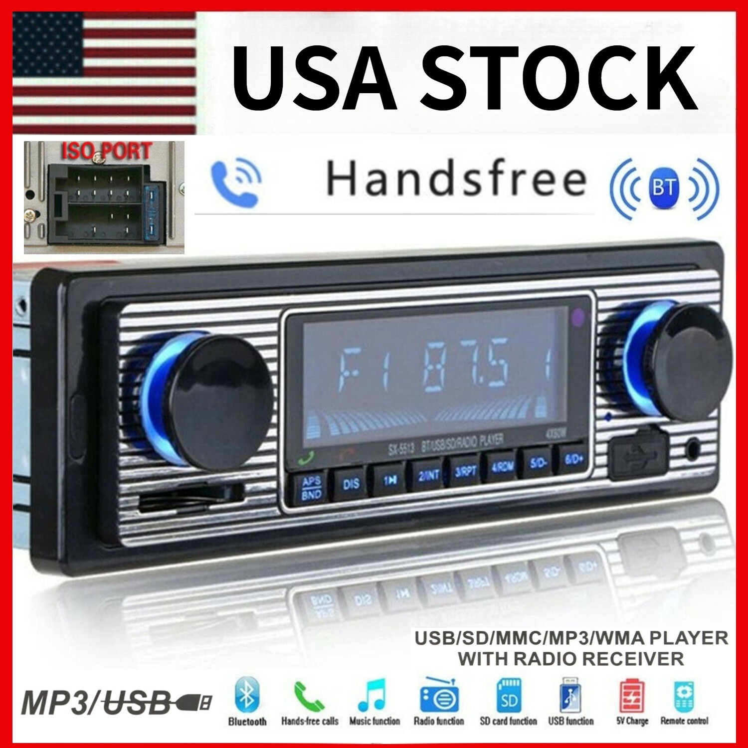 Bluetooth Vintage Car FM Radio MP3 Player USB Classic Stereo Audio Receiver AUX
