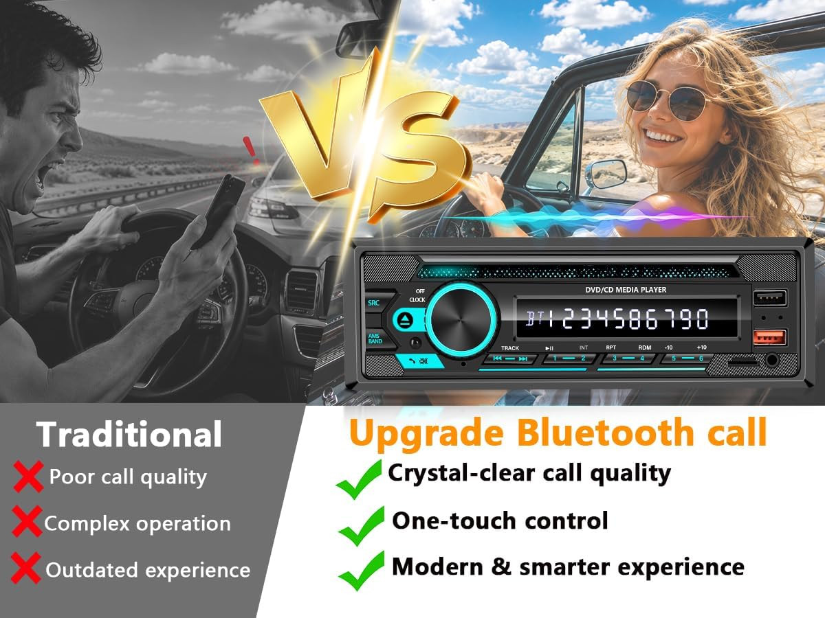 Single DIN CD/DVD Car Stereo with Bluetooth Hands-Free Calling, Push-to-Talk Ass