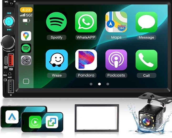 Double Din Car Stereo with Wireless Carplay & Android , 7 Inch HD Touch back up